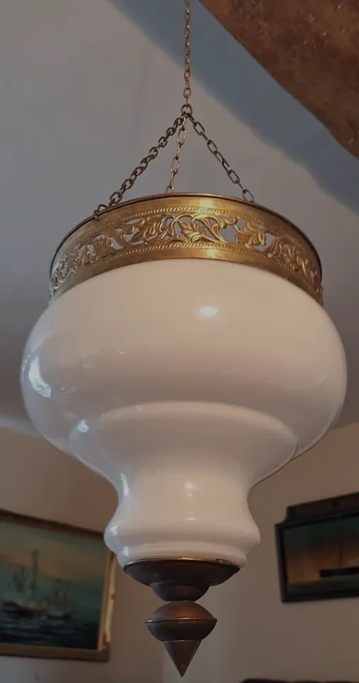 Antique Asian Colonial White Glass & Brass Candle Lantern Cloche Pendant Shade photo 495.0