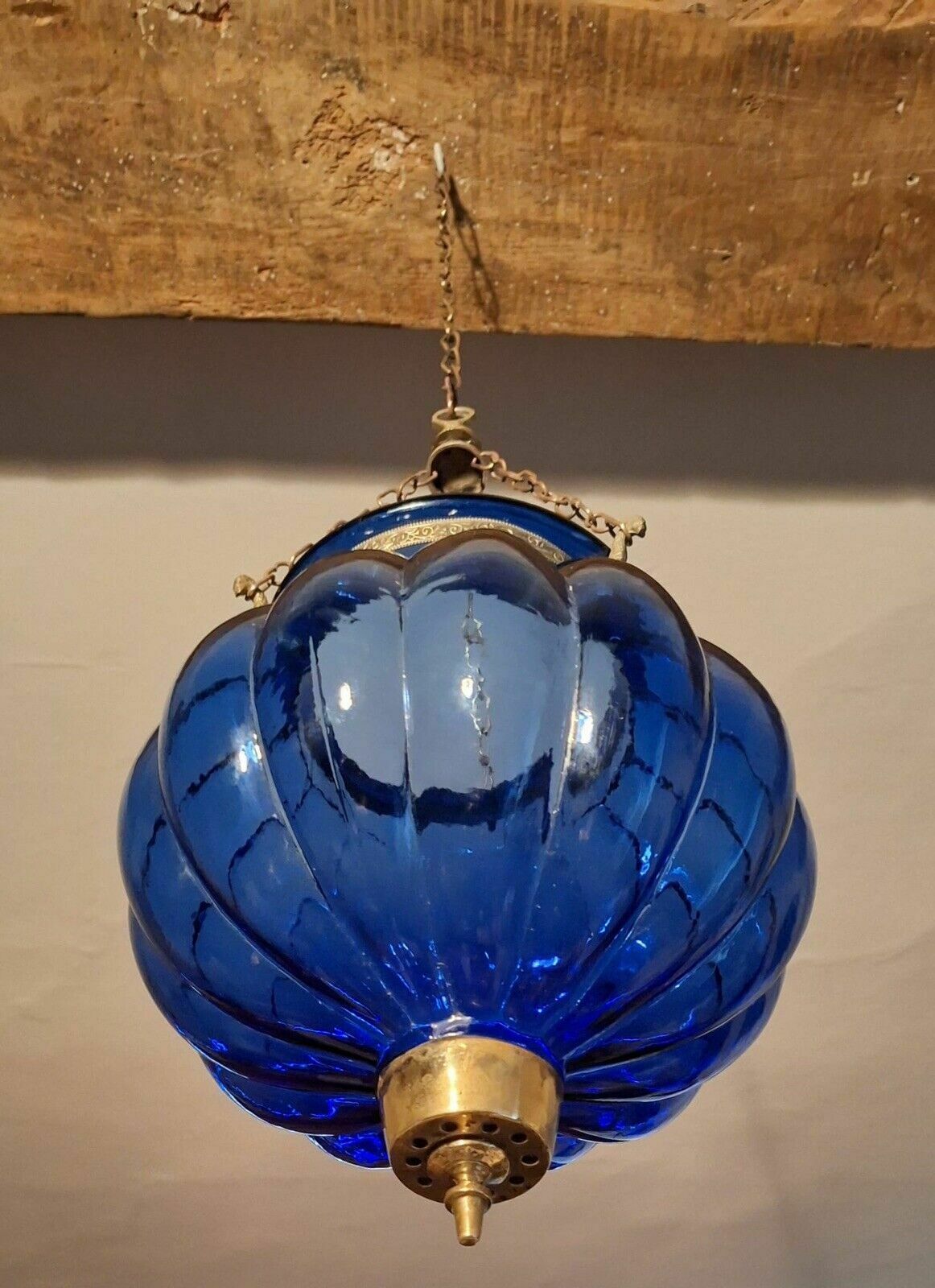 Antique Indian Hanging Belgium Colonial Glass Hundi Lantern  Shade photo for sale