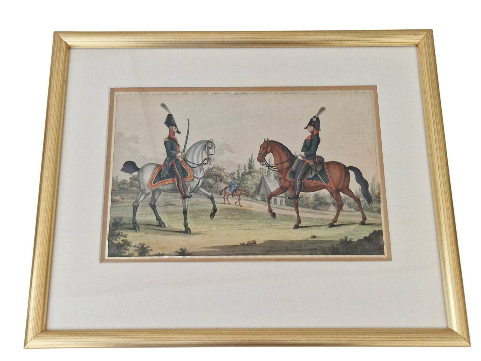 Antique Military Equestrian Gouache Painting, Soldiers In Uniform And Horse Art photo furniture
