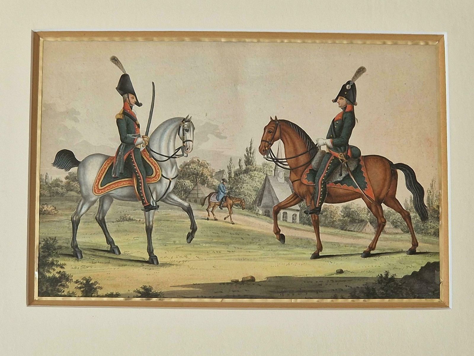 Antique Military Equestrian Gouache Painting, Soldiers In Uniform And Horse Art photo Art