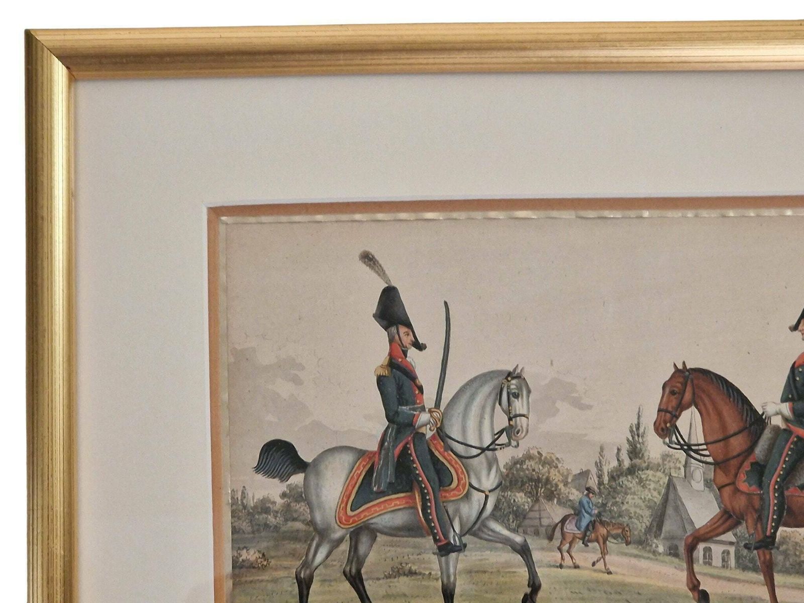 Antique Military Equestrian Gouache Painting, Soldiers In Uniform And Horse Art photo vinterior