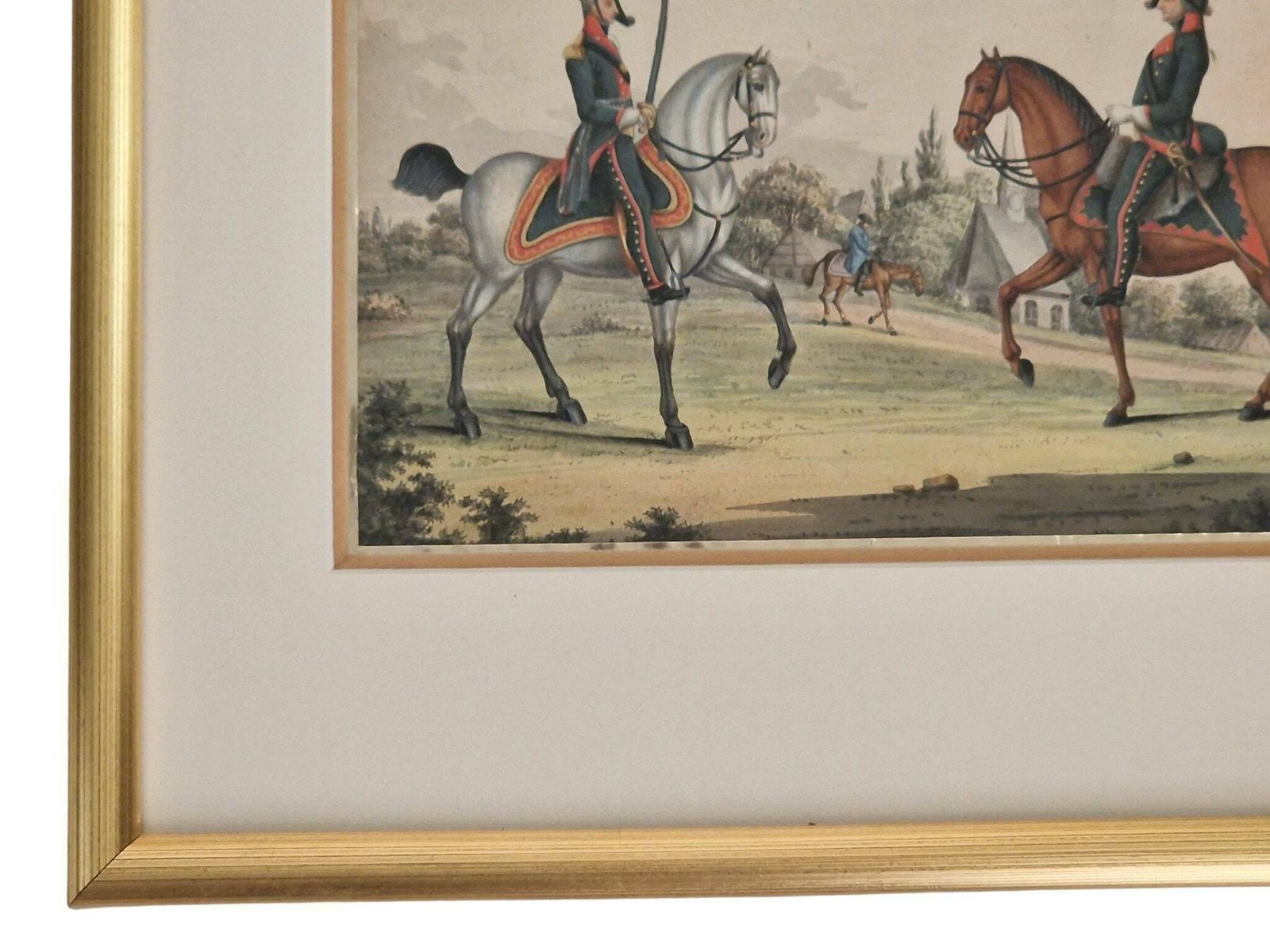 Antique Military Equestrian Gouache Painting, Soldiers In Uniform And Horse Art photo buy