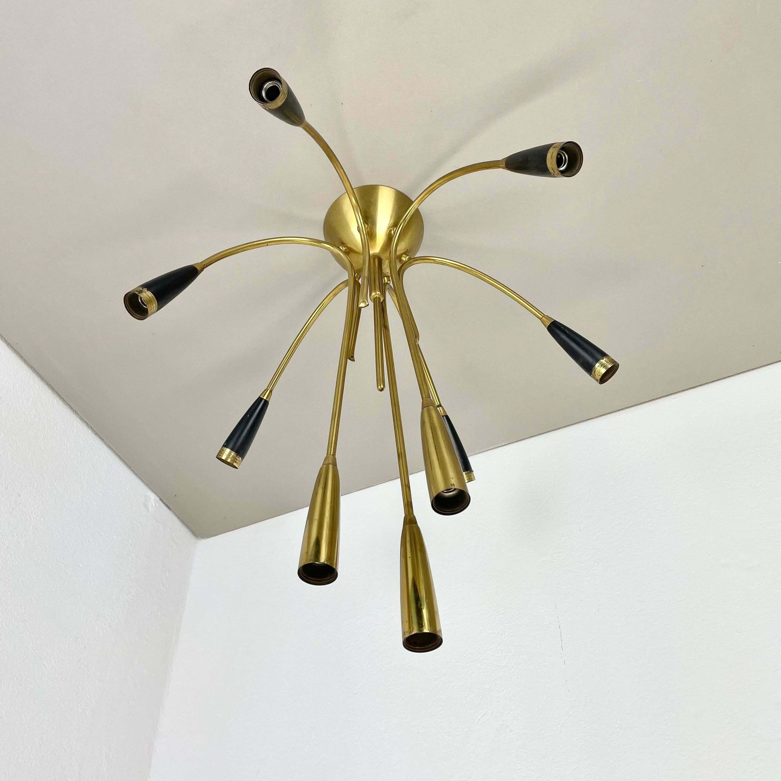 Xl 9 Arm Brass Stilnovo Gino Sarfatti Style Ceiling Light Flushmount Italy 1950 photo for sale
