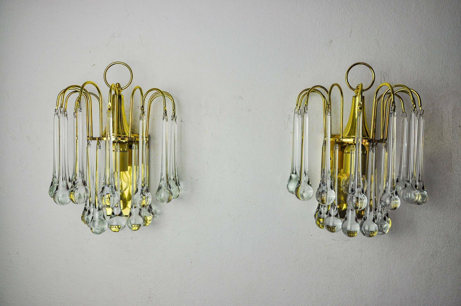 Pair Of Venini "Drops" Wall Lights, 2 Levels, Murano Glass, Italy, 1970 photo vintage