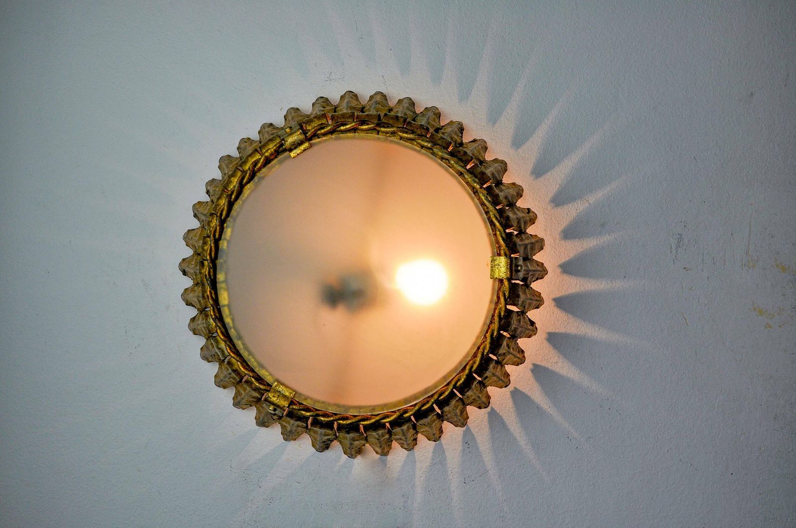 Sun Wall Lamp By Ferro Arte, Metal And Gold Leaf, Spain, 1960 photo vinterior
