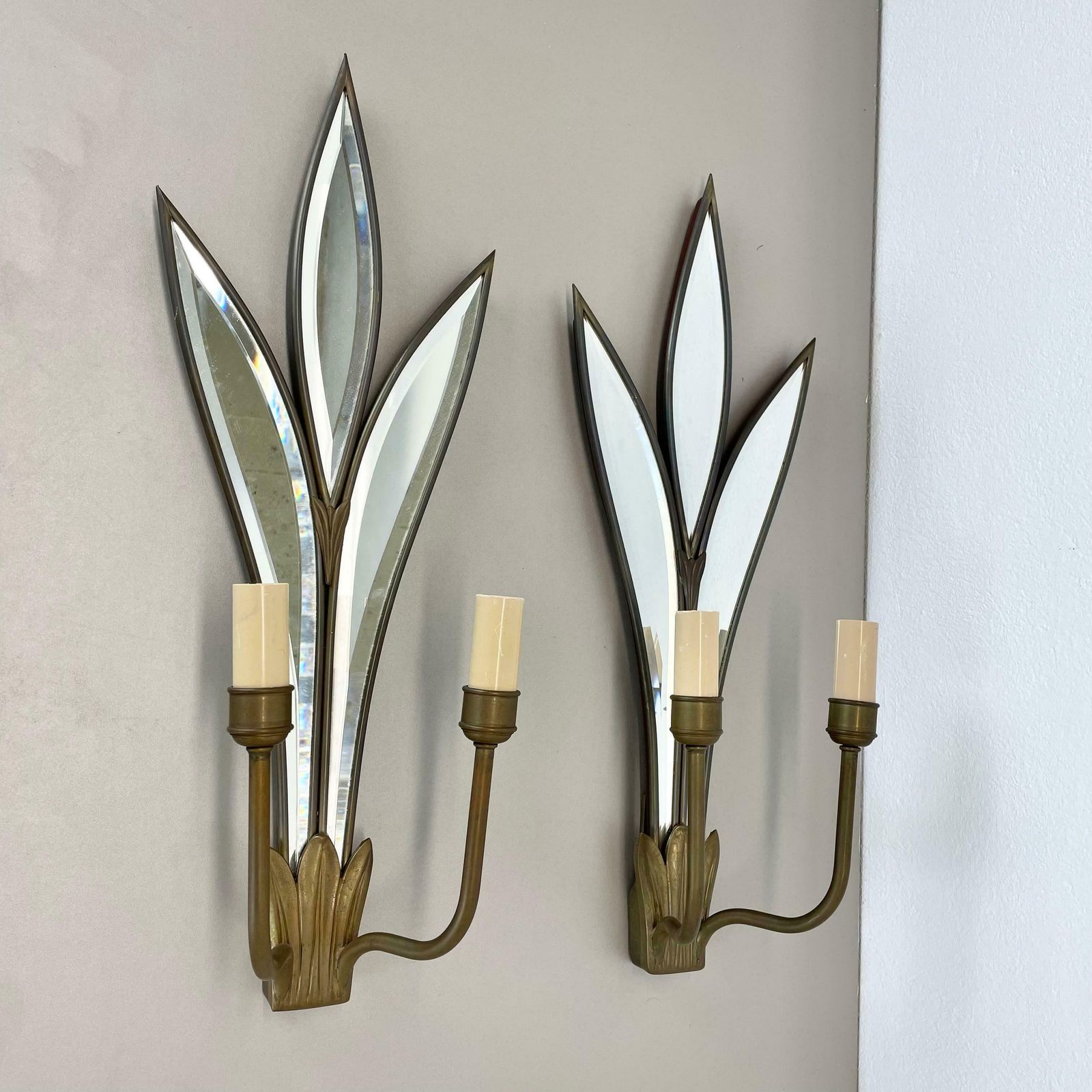 Set Of Two Xxl 56cm Floral Mirror And Bronze Theatre Wall Light, France 1970 No1 photo for sale