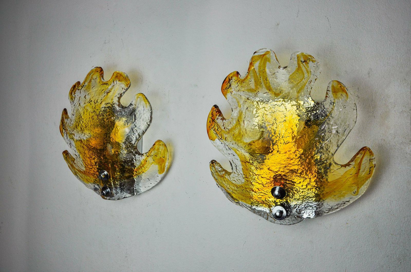 Pair Of "Leaf" Wall Lights By Murano Mazzega In Orange Frosted Glass Italy 1970 photo for sale