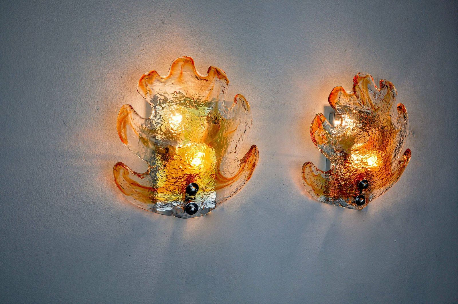 Pair Of "Leaf" Wall Lights By Murano Mazzega In Orange Frosted Glass Italy 1970 photo vinterior