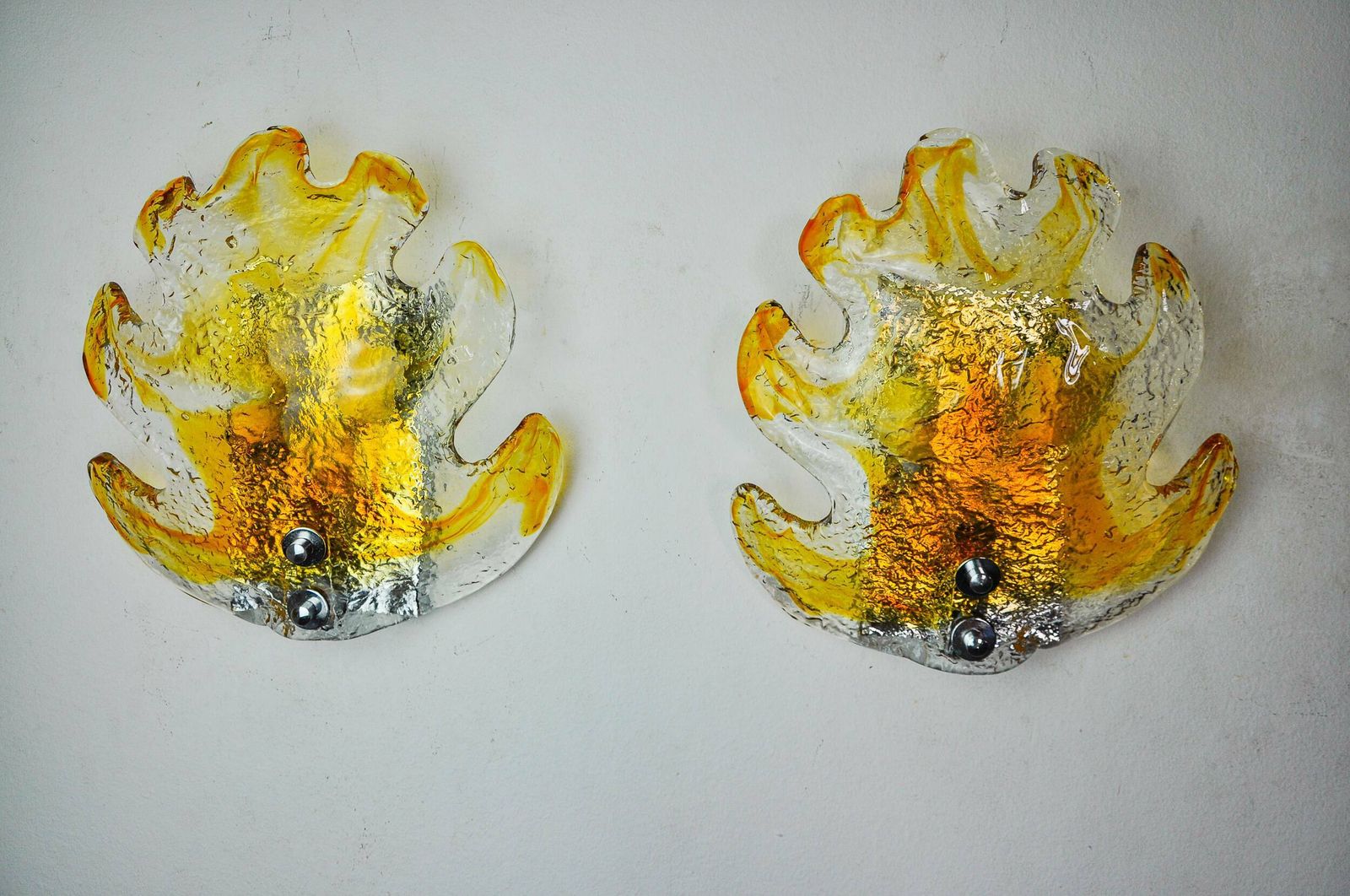 Pair Of "Leaf" Wall Lights By Murano Mazzega In Orange Frosted Glass Italy 1970 photo vintage