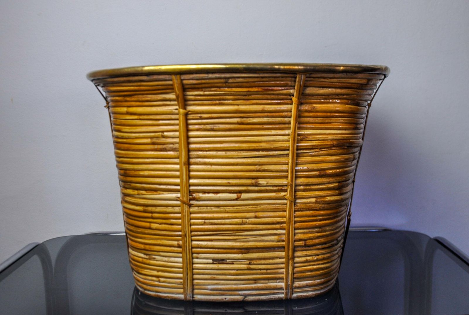 Xl Basket In Rattan And Brass, Italy, 1970, 44cm Diam photo Home Decor