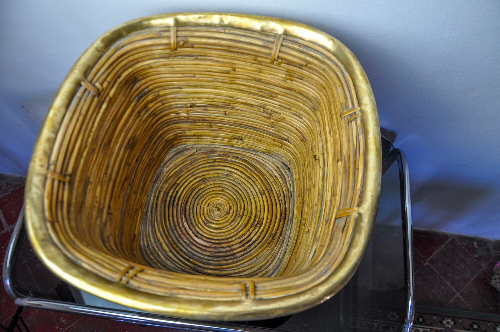Xl Basket In Rattan And Brass, Italy, 1970, 44cm Diam photo buy