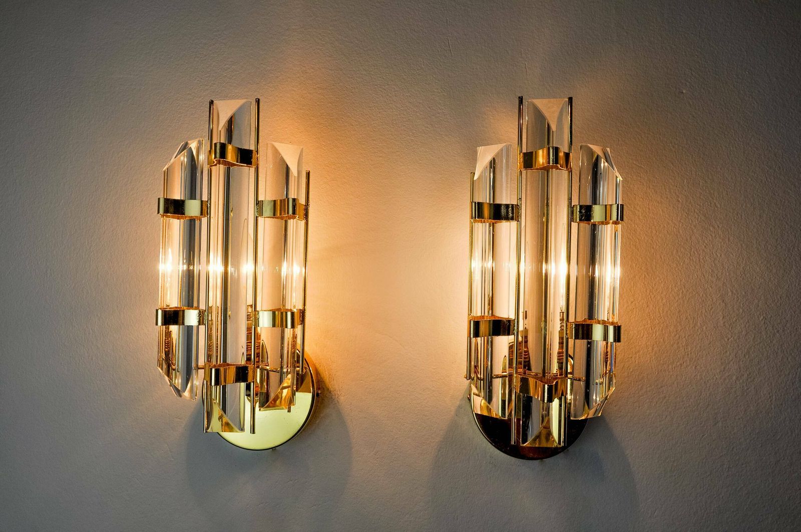 Pair Of Venini Wall Lights, Triedri Glass, Murano, Italy 1970 photo furniture