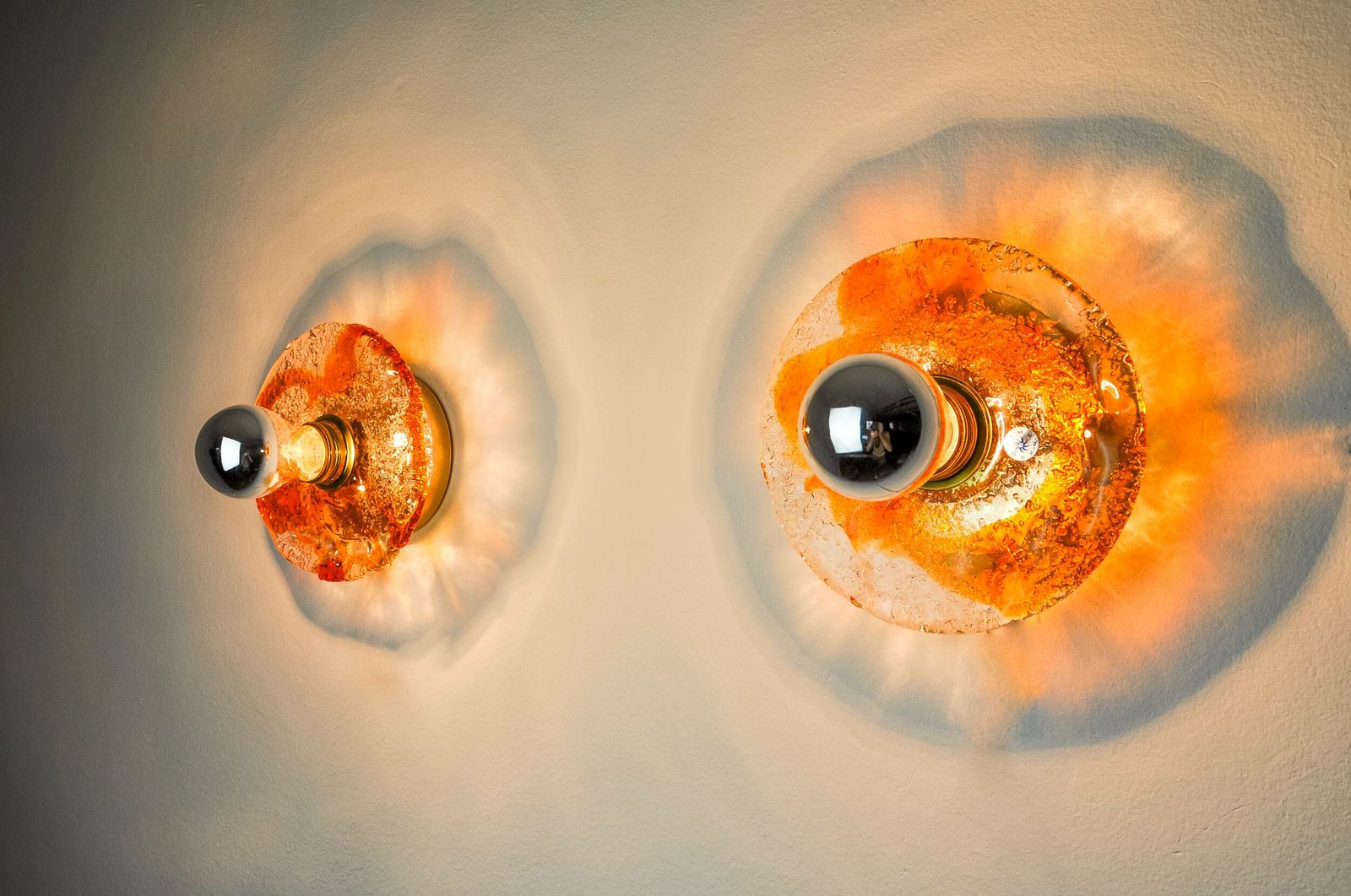 Pair Of Round Wall Lights By Murano Mazzega In Orange Frosted Glass, Italy, 1970 photo 1393.0