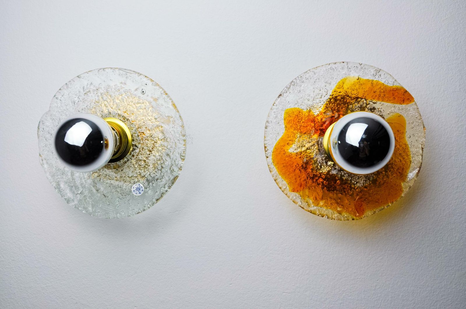 Pair Of Round Wall Lights By Murano Mazzega In Frosted Glass, Italy, 1970 photo for sale