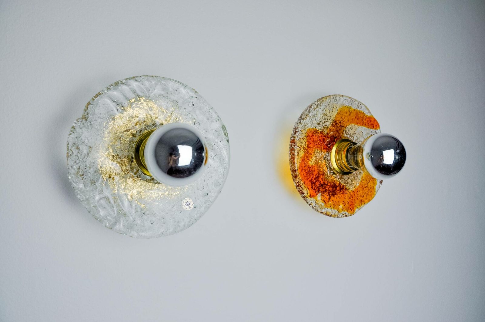 Pair Of Round Wall Lights By Murano Mazzega In Frosted Glass, Italy, 1970 photo Lighting