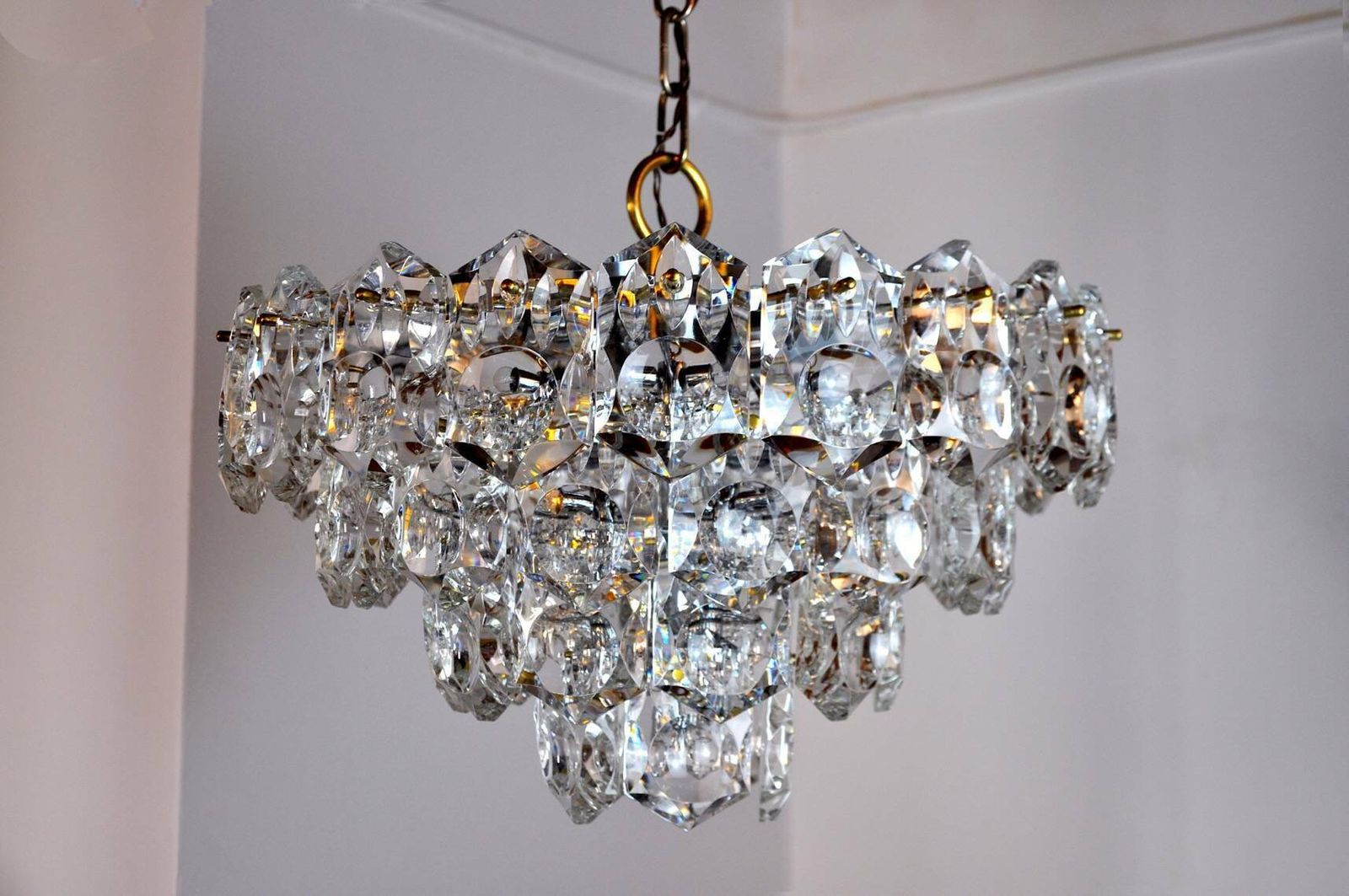 Kinkeldey Golden Chandelier, Cut Glass, 4 Levels, Germany, 1970 photo Lighting