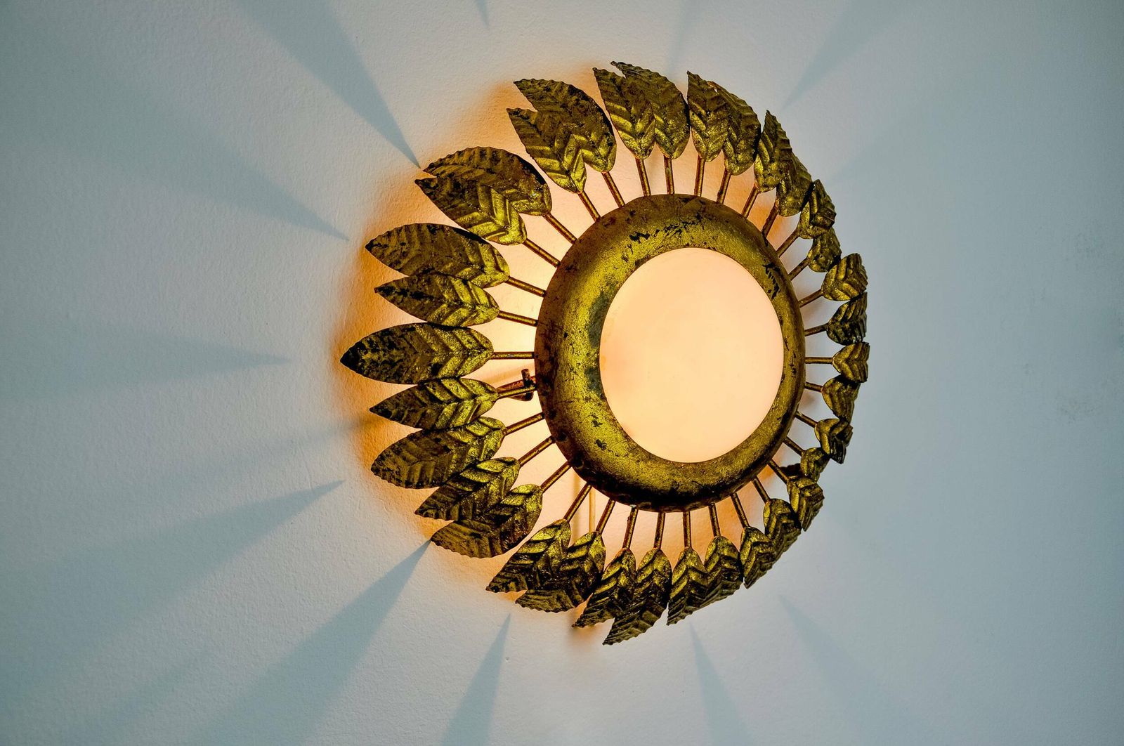 Sun Wall Lamp By Ferro Arte In Metal, Gold Leaf And Opaline Glass, Spain, 1960 photo vinterior