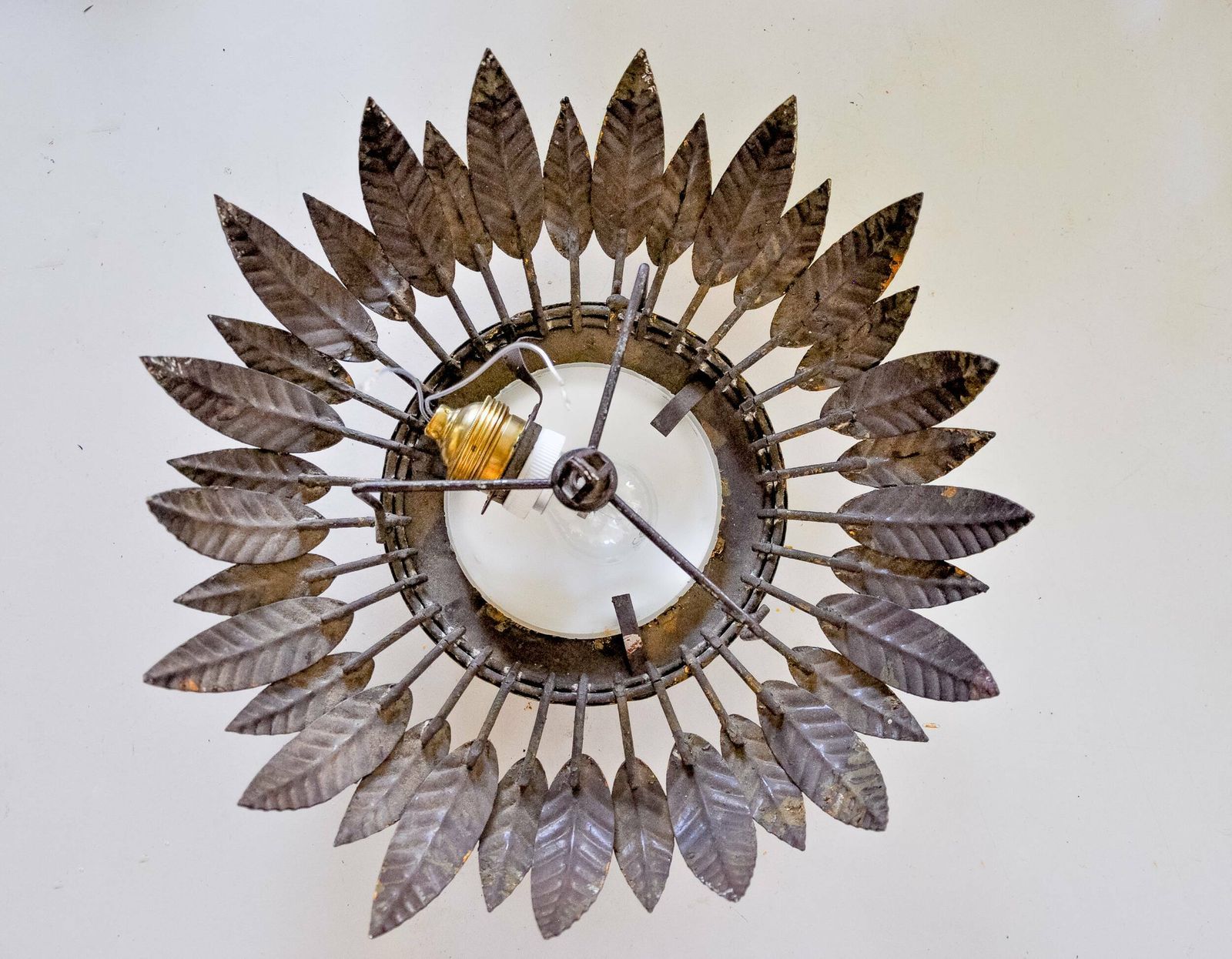 Sun Wall Lamp By Ferro Arte In Metal, Gold Leaf And Opaline Glass, Spain, 1960 photo buy
