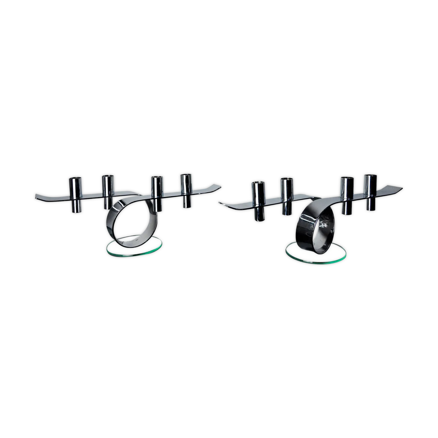 Pair Of Space Age 4 Flame Candlesticks, Glass And Metal, Germany, 1980