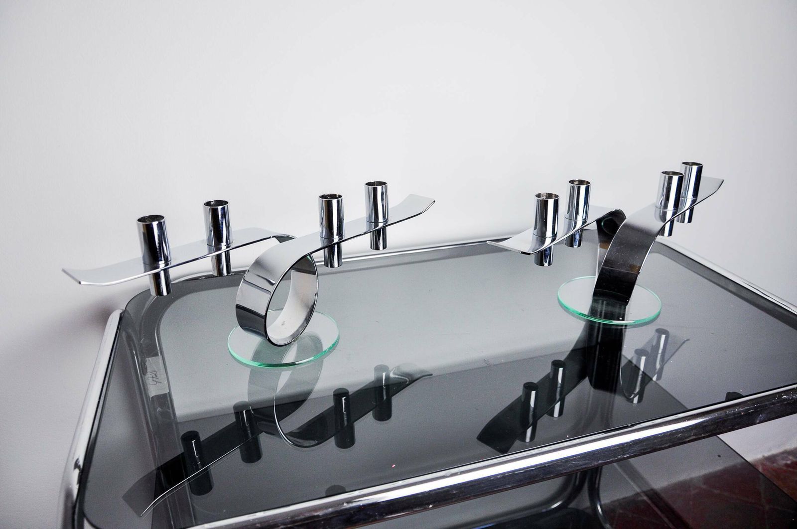 Pair Of Space Age 4 Flame Candlesticks, Glass And Metal, Germany, 1980 photo 947.0