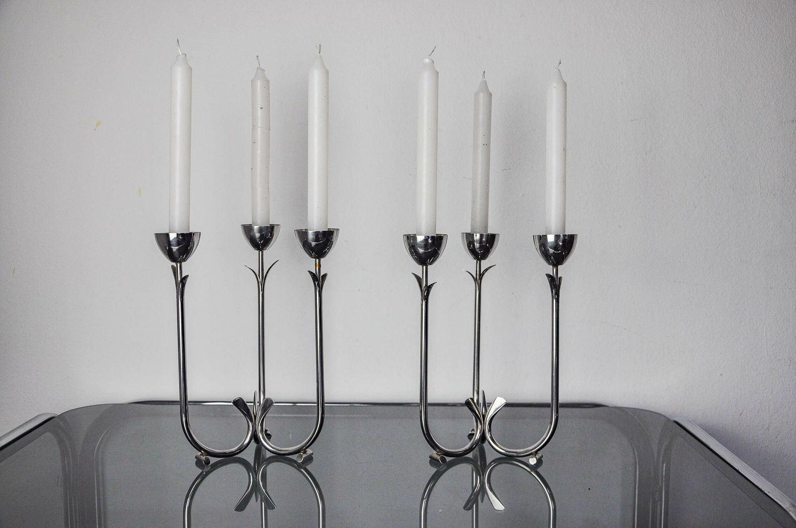 Pair Of Art Deco Stainless Steel 3 Flame Candlesticks, Spain, 1970 photo furniture