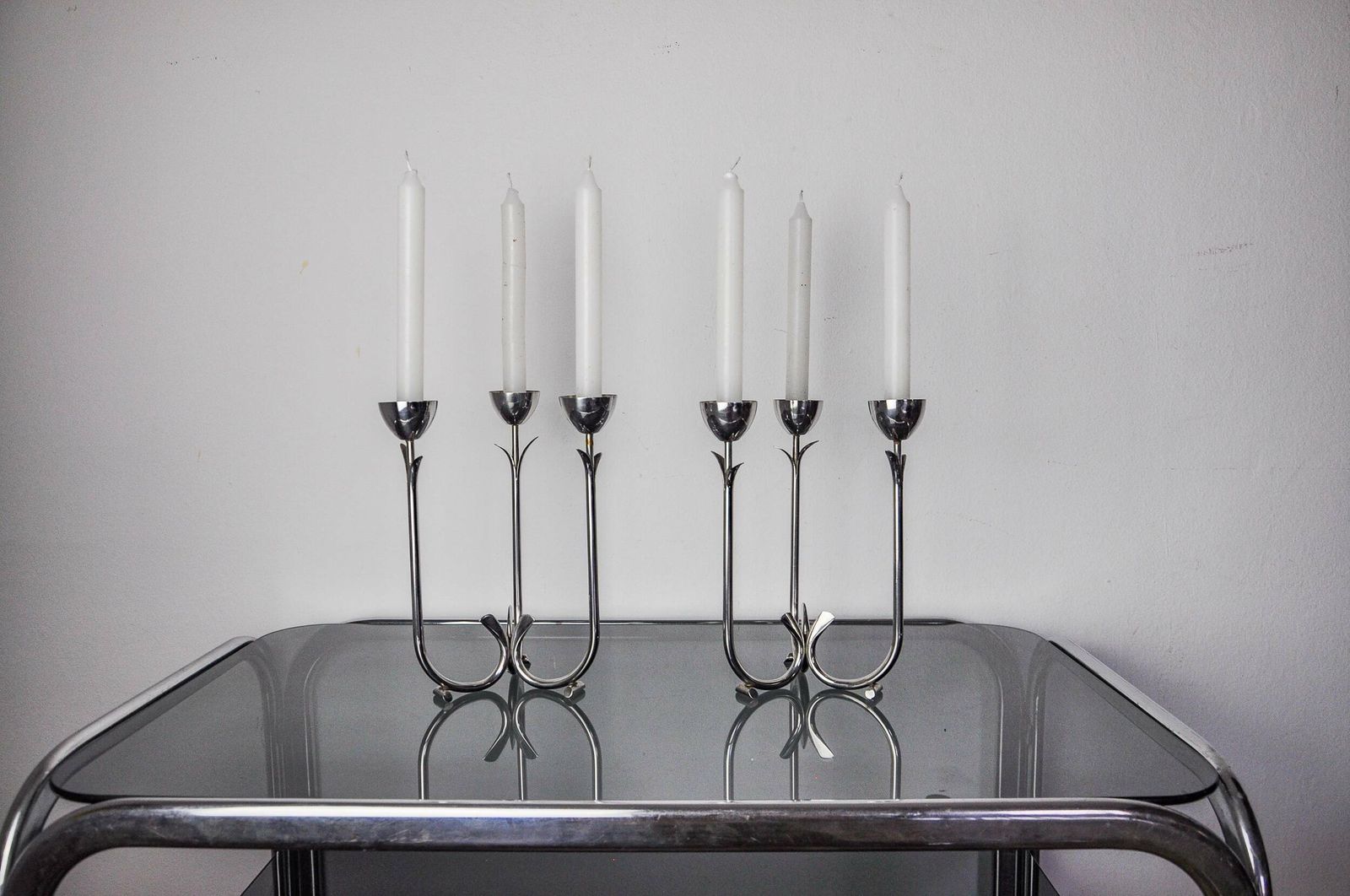 Pair Of Art Deco Stainless Steel 3 Flame Candlesticks, Spain, 1970 photo for sale