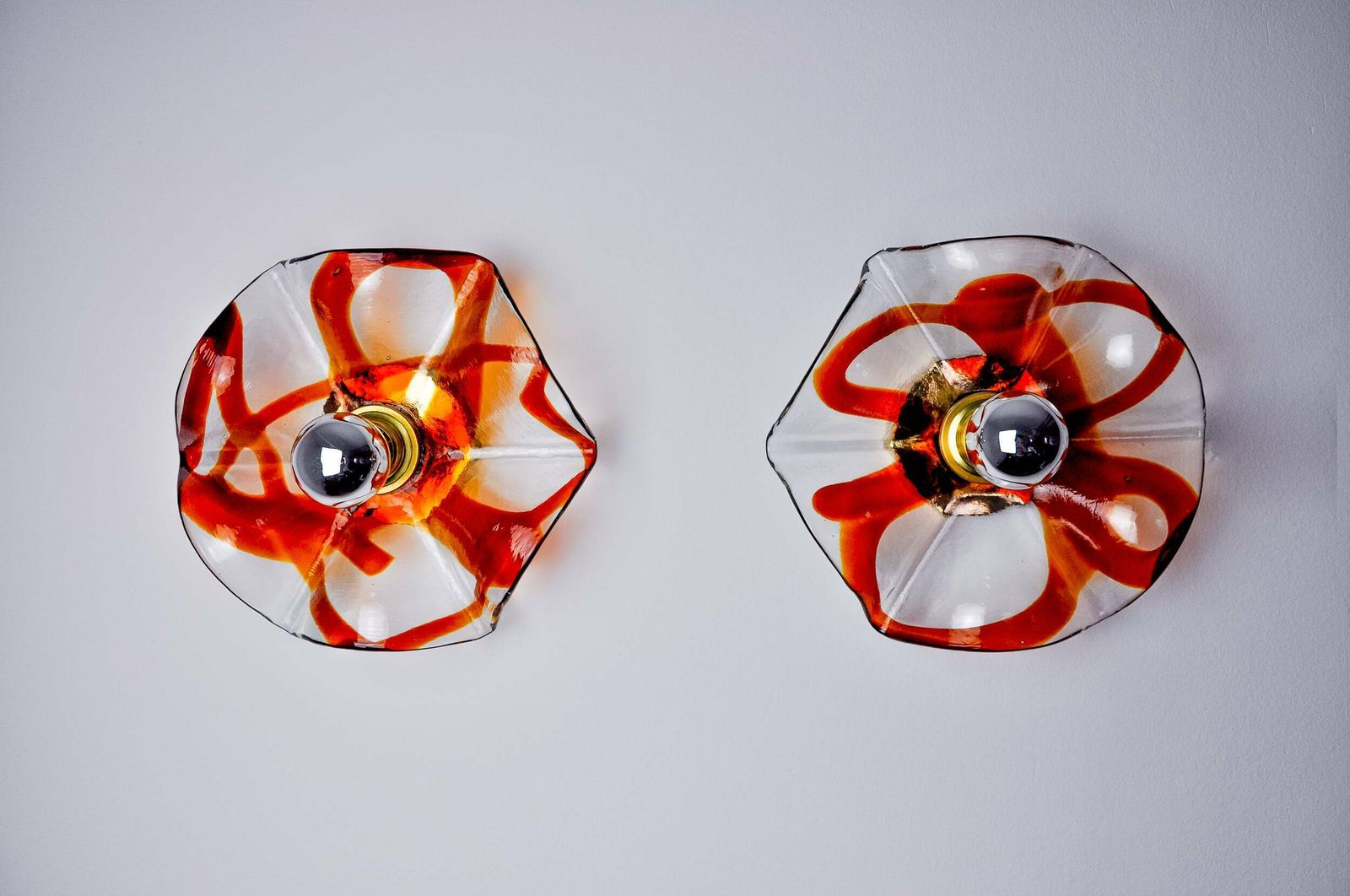Pair Of Fleur Wall Lights By La Murina, Orange Murano Glass, Italy, 1970 photo for sale