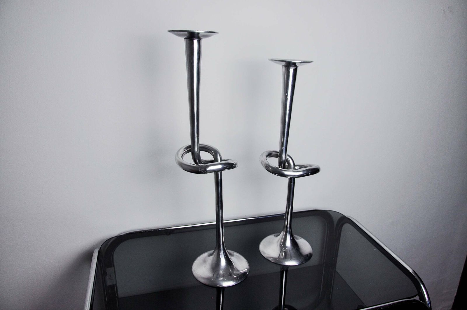 Pair Of Xl Knotted Candlesticks In Aluminum, Italy, 1980 photo vinterior