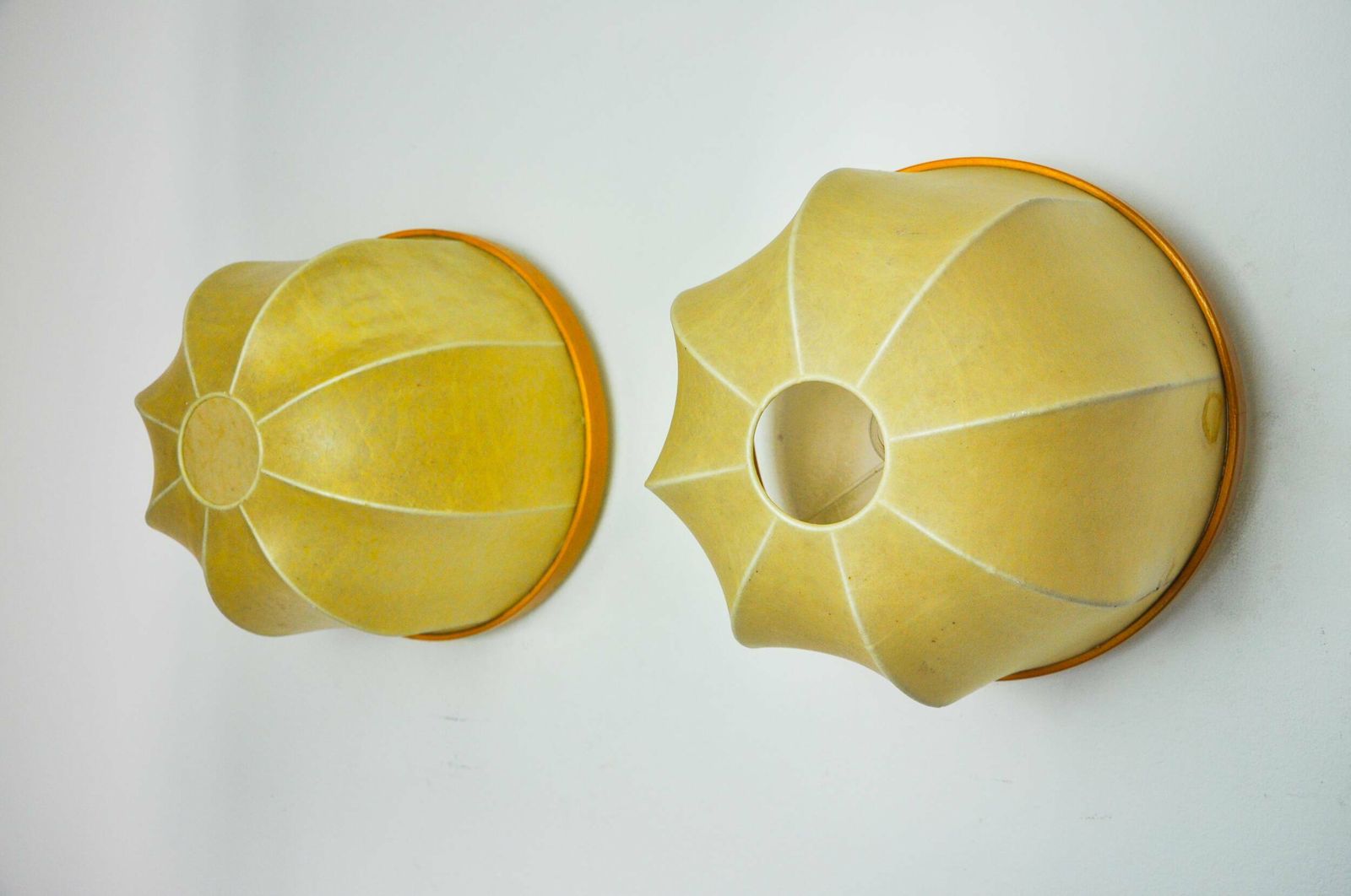 photo for sale Pair Of Xl "Cocoon" Wall Lights, Resin And Pine, Italy, 1970
