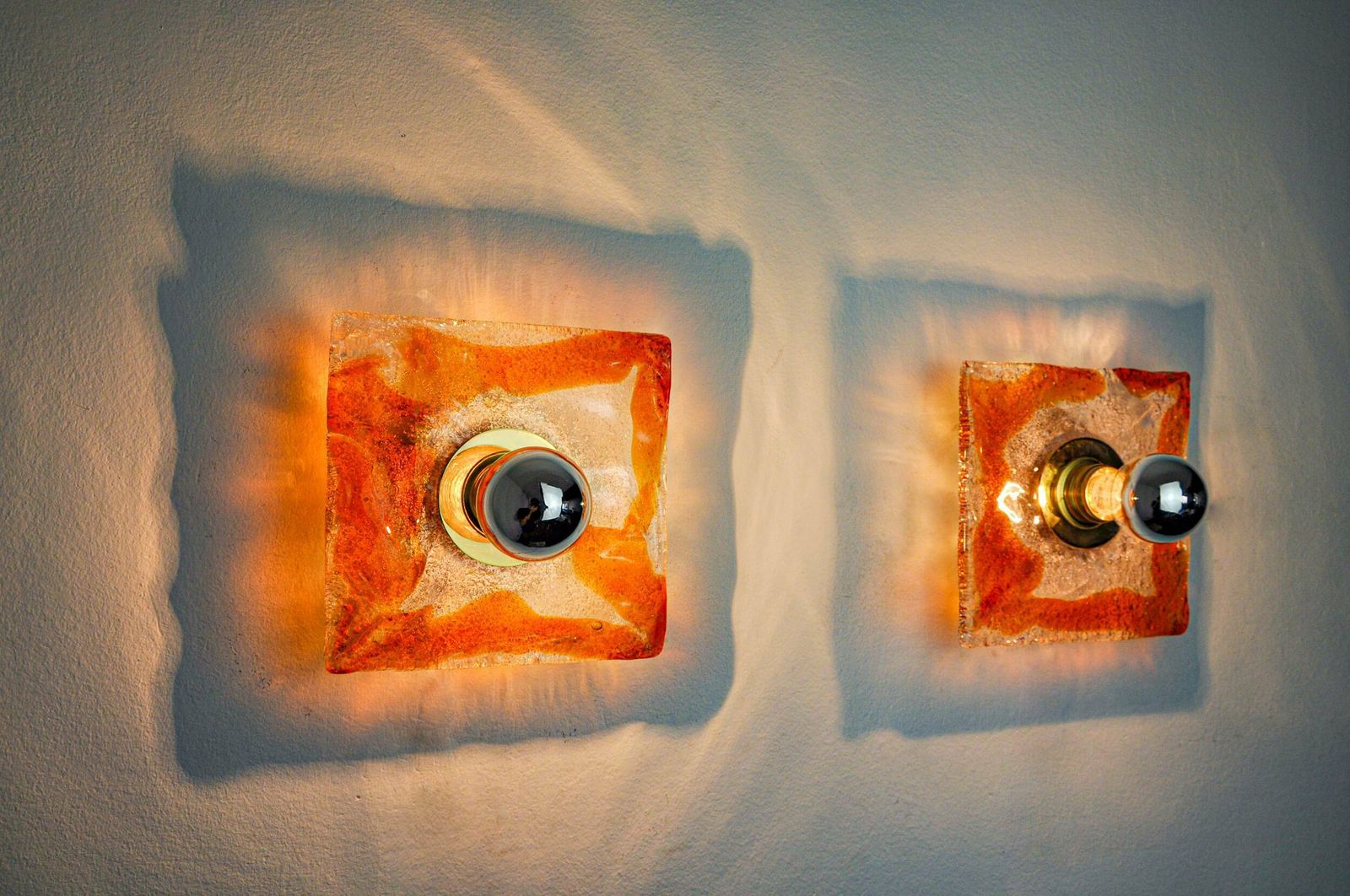 Pair Of Murano Mazzega Wall Lights, Orange Frosted Glass, Italy, 1970 photo vinterior