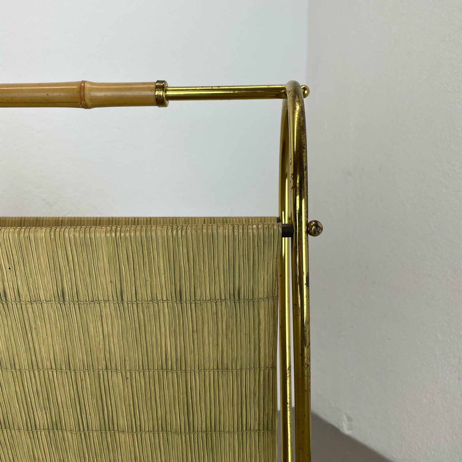 Unique Bauhaus Aubock Style Brass And Bamboo Magazine Holder, Austria 1950s photo vintage
