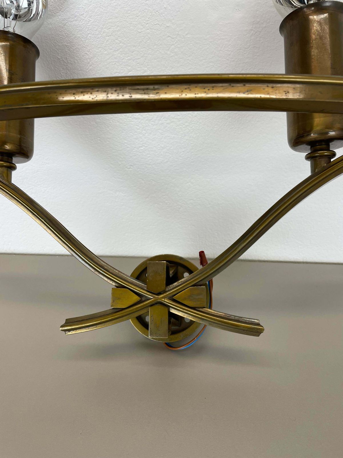 Set Of Two Xxl Modernist Brass Floral Theatre Wall Light Sconces, France, 1950 photo vintage