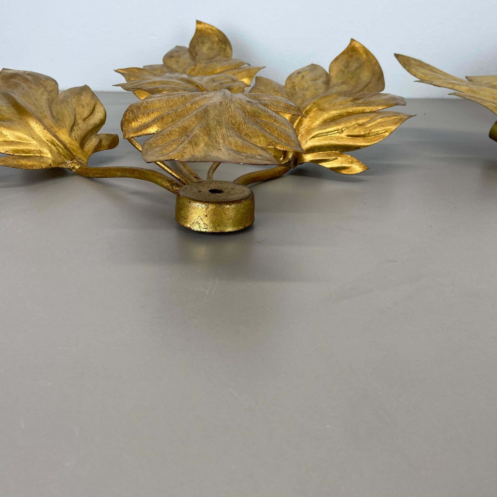 Lighting Set Of 2 Hans Kögl Style Golden Florentiner Leaf Wall Light Sconces, Italy, 1980 photo