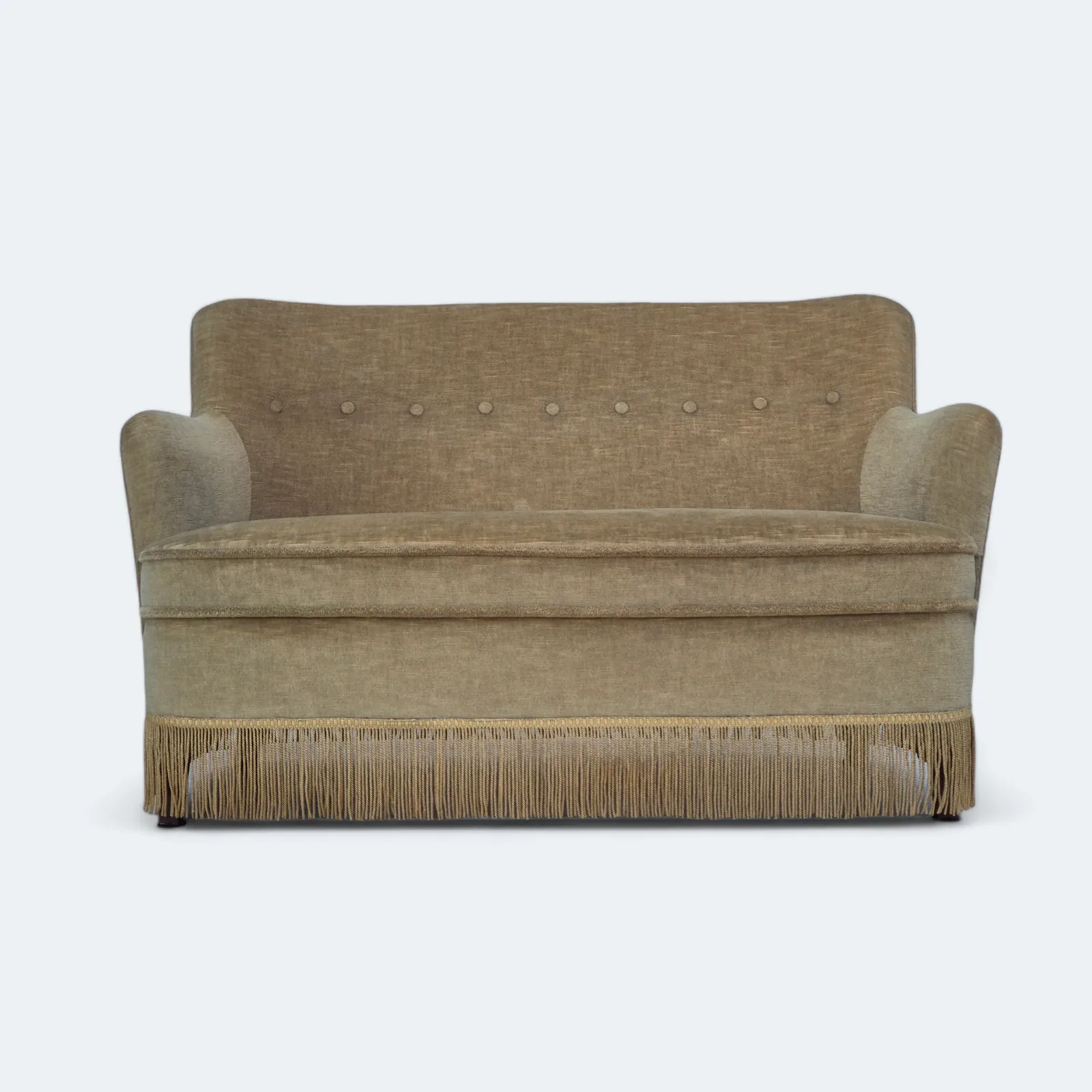 1970s, Danish 2 Seater Sofa, Original Condition, Green Furniture Velour, Beech Wood Legs.