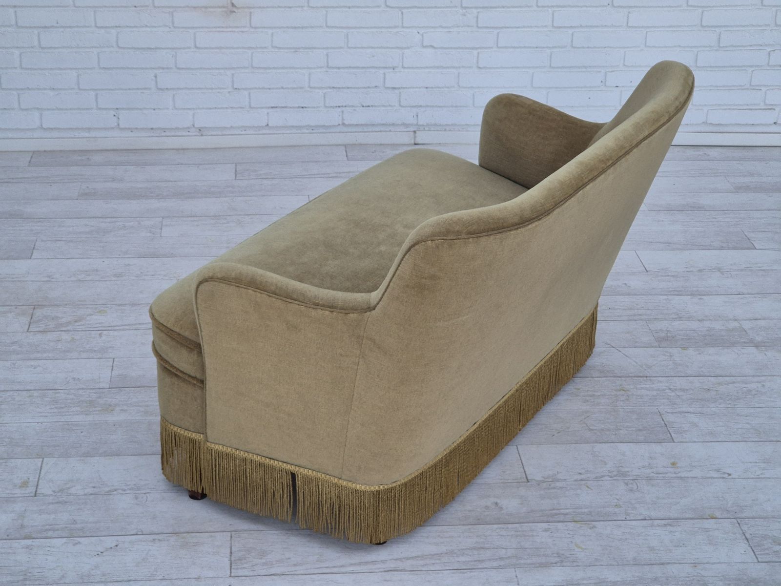 1970s, Danish 2 Seater Sofa, Original Condition, Green Furniture Velour, Beech Wood Legs. photo vinterior