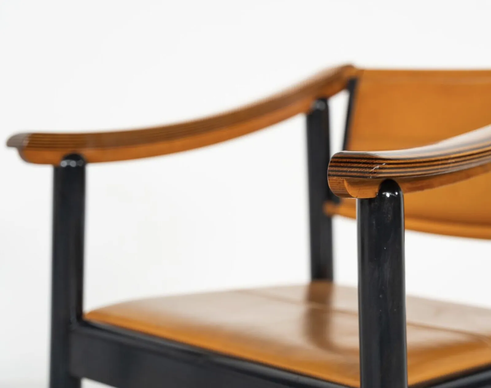 Mid Century Modern 4 Armchairs In The Style Of Scarpa, Wood And Leather, Italy photo for sale