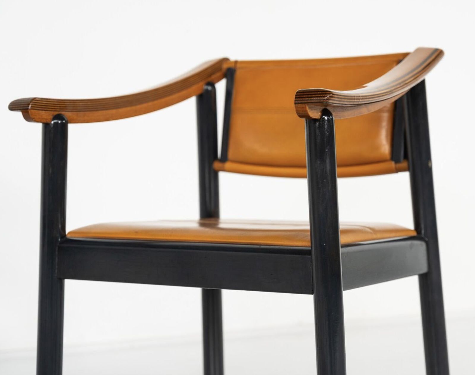 Mid Century Modern 4 Armchairs In The Style Of Scarpa, Wood And Leather, Italy photo Furniture