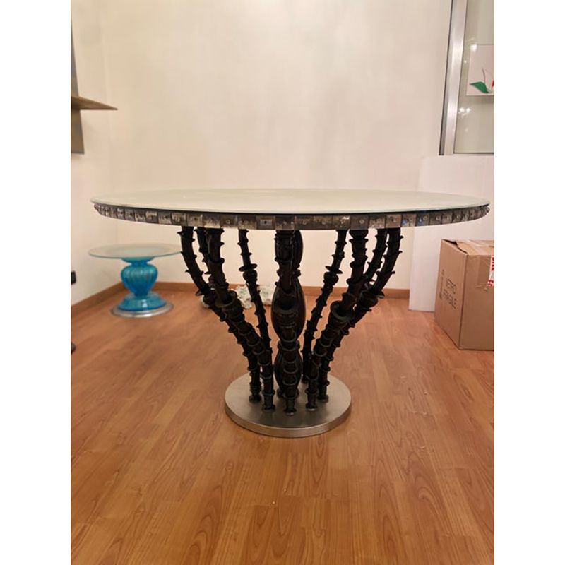 photo for sale 1980s Italian Venetian Black "Rezzonico" And Silver Murano Glass Style Big Table
