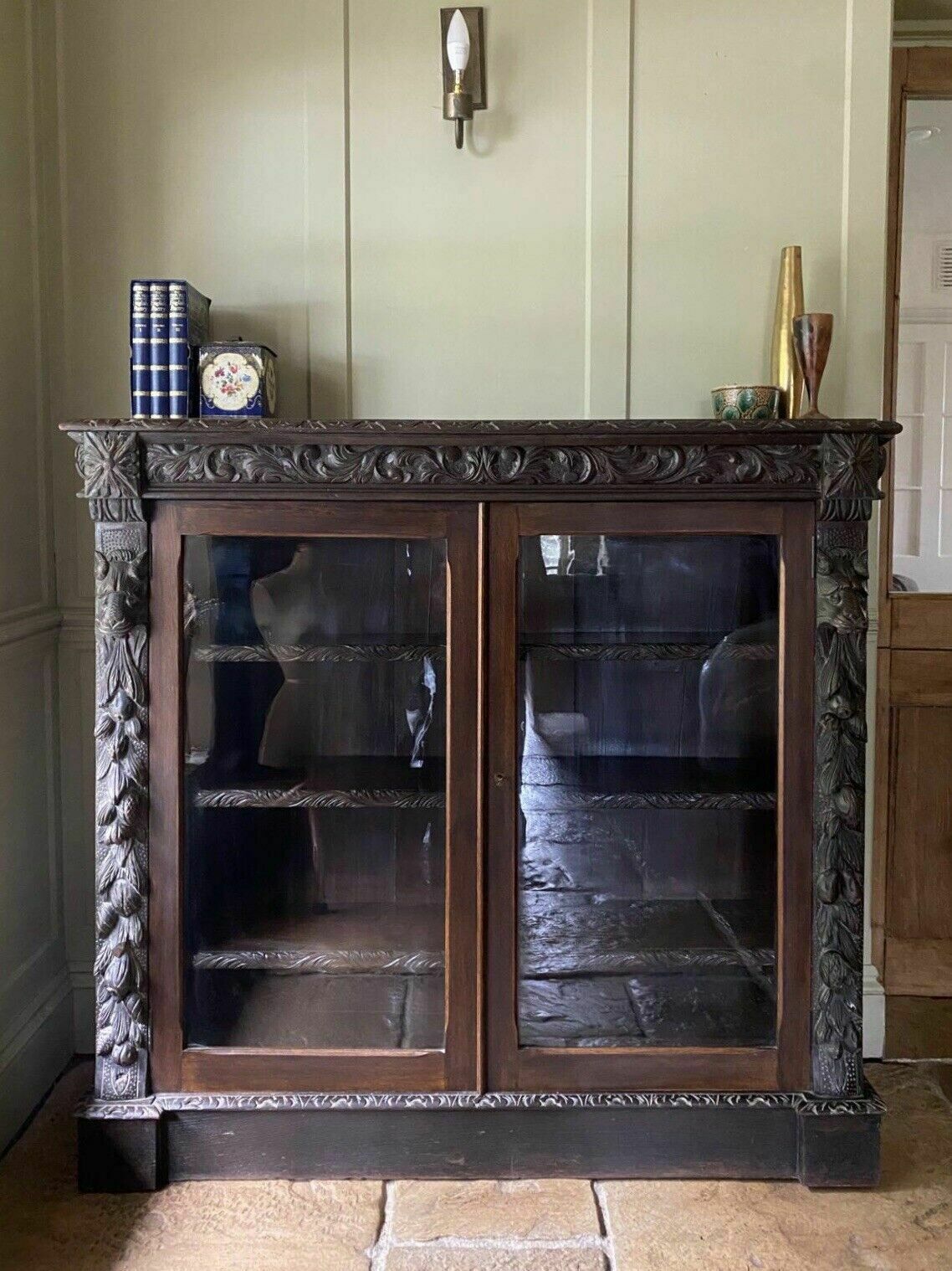 Antique Victorian Jacobean Style Oak Carved Glazed Bookcase Cabinet Cupboard