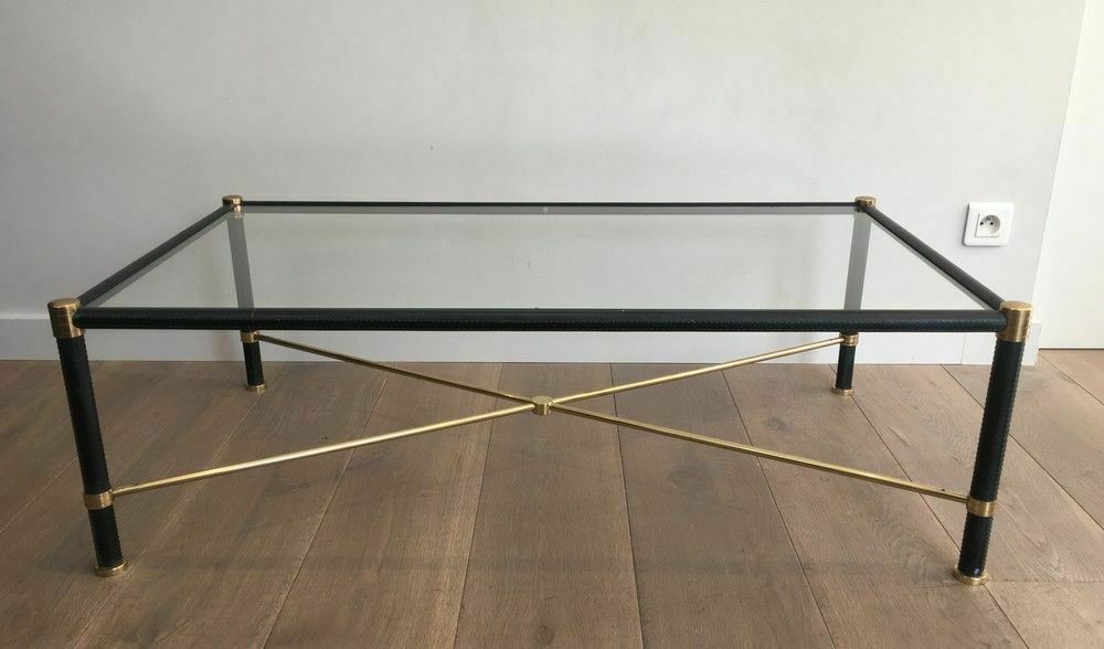 Brass Coffee Table Covered In Black Leather. In The Taste Of Jacques Adnet photo furniture