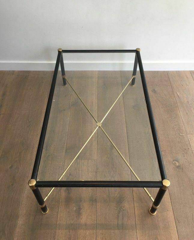Brass Coffee Table Covered In Black Leather. In The Taste Of Jacques Adnet photo 2950.0