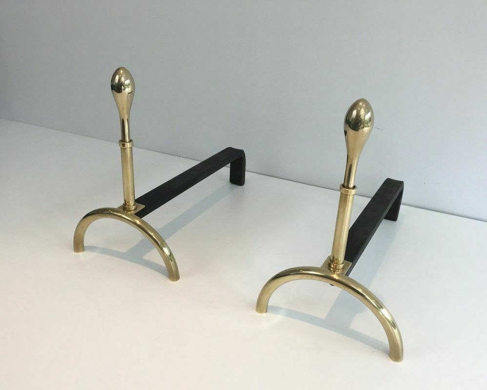 Pair Of Neoclassical Style Andirons In Brass And Wrought Iron