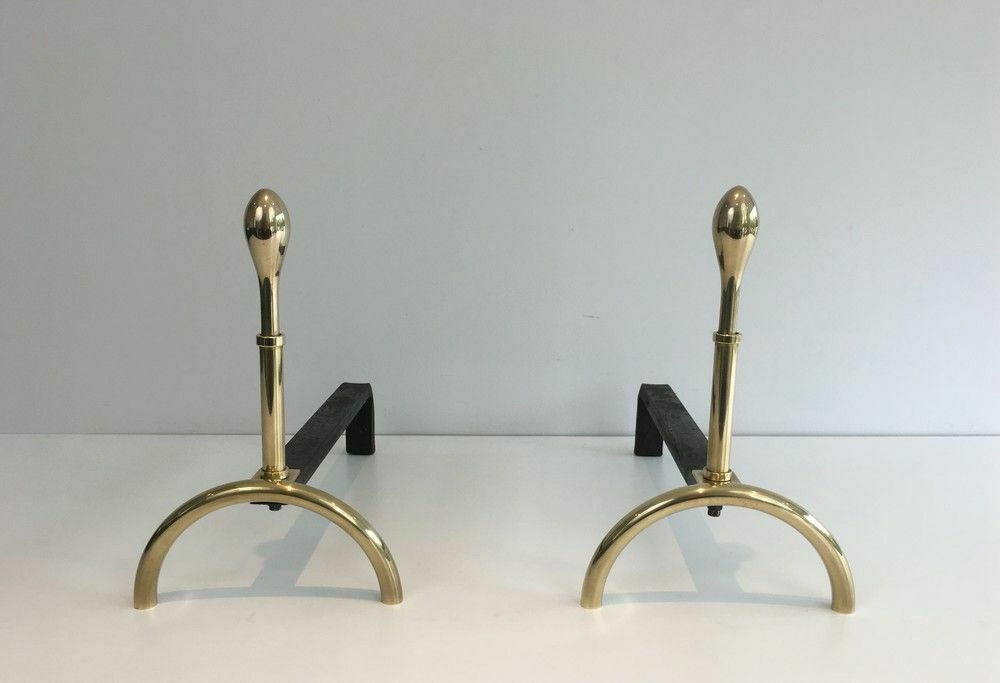 Pair Of Neoclassical Style Andirons In Brass And Wrought Iron photo for sale