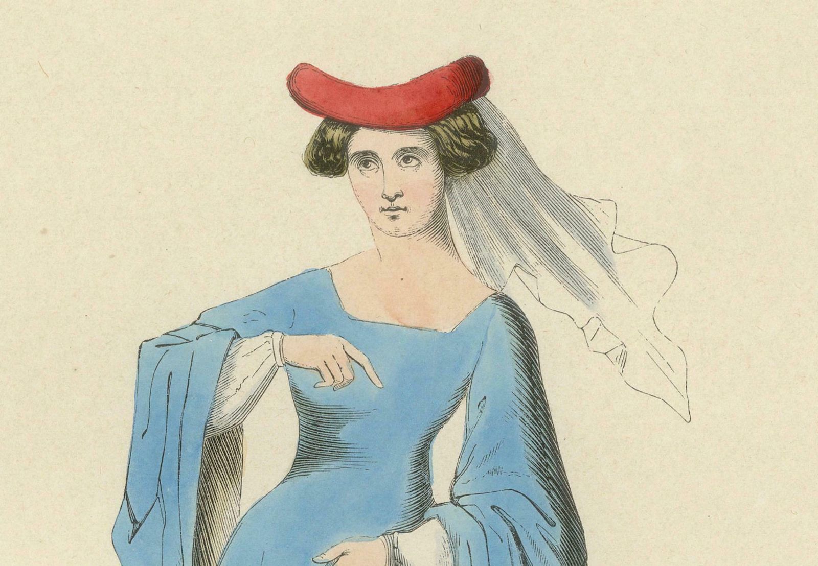 Noble Damsel Of The Middle Ages In Traditional Blue Gown And Headdress, 1847 photo for sale