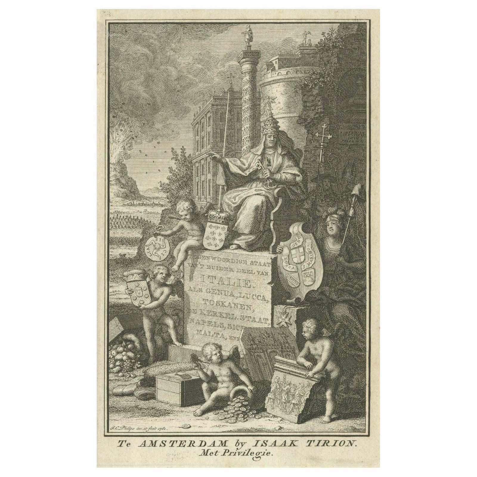 Antique Frontispiece Of The Volume About Switzerland And Italy By Tirion, 1761