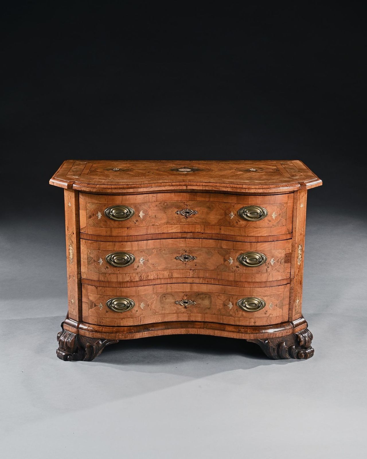 Rare Mid 18th Century German Walnut Pewter And Ivory Marquetry Serpentine Commode photo furniture