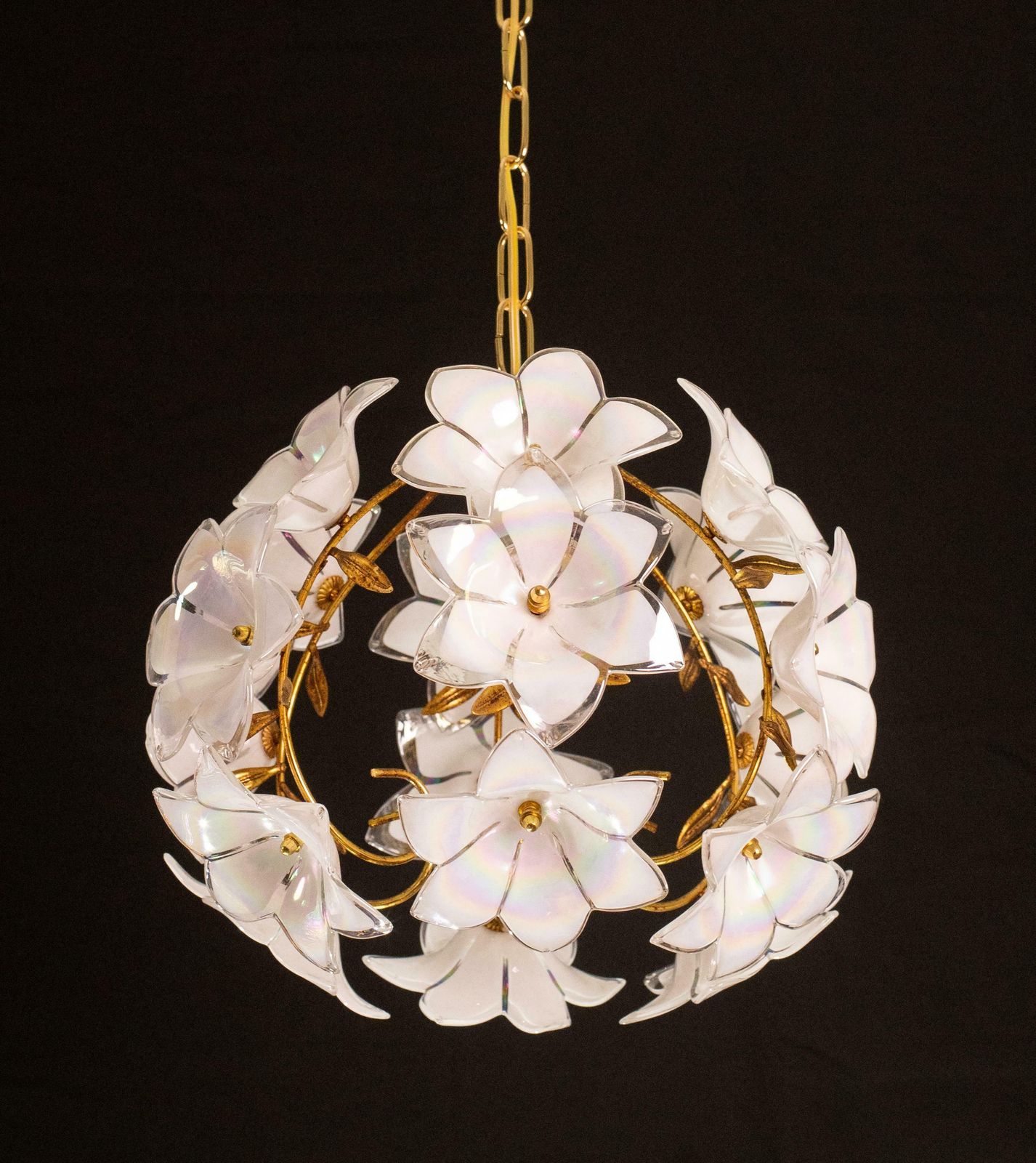 Set Of 2 Murano Spherical Chandelier Full Of White Flowers, 1980s photo furniture