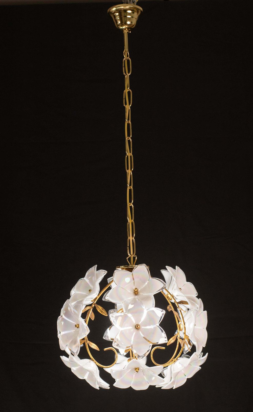 Set Of 2 Murano Spherical Chandelier Full Of White Flowers, 1980s photo Lighting
