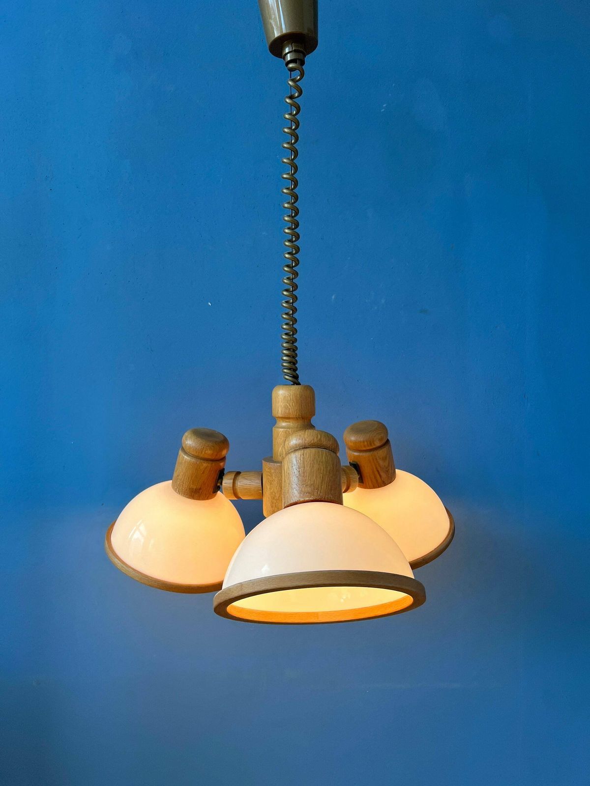 Mid Century Wooden Steinhauer Chandelier Pendant Lamp With Three Plexiglass Shades photo furniture