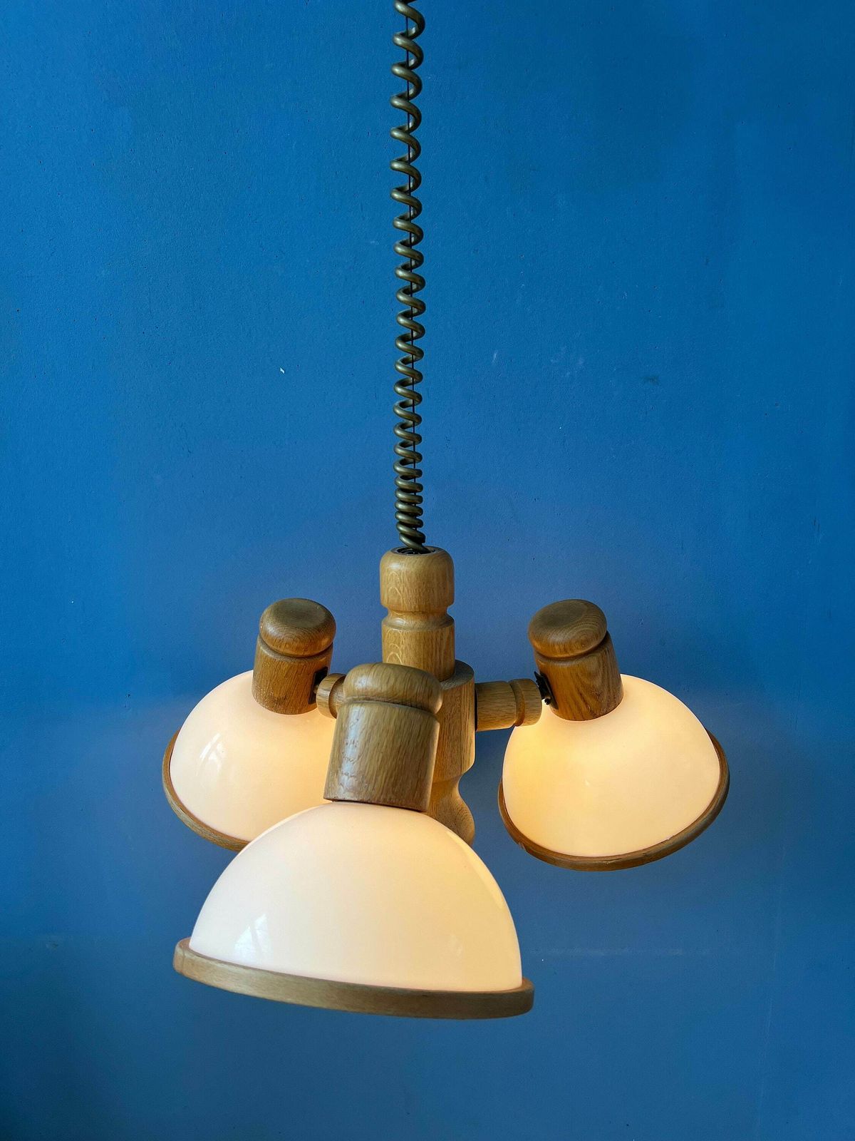 Mid Century Wooden Steinhauer Chandelier Pendant Lamp With Three Plexiglass Shades photo Lighting